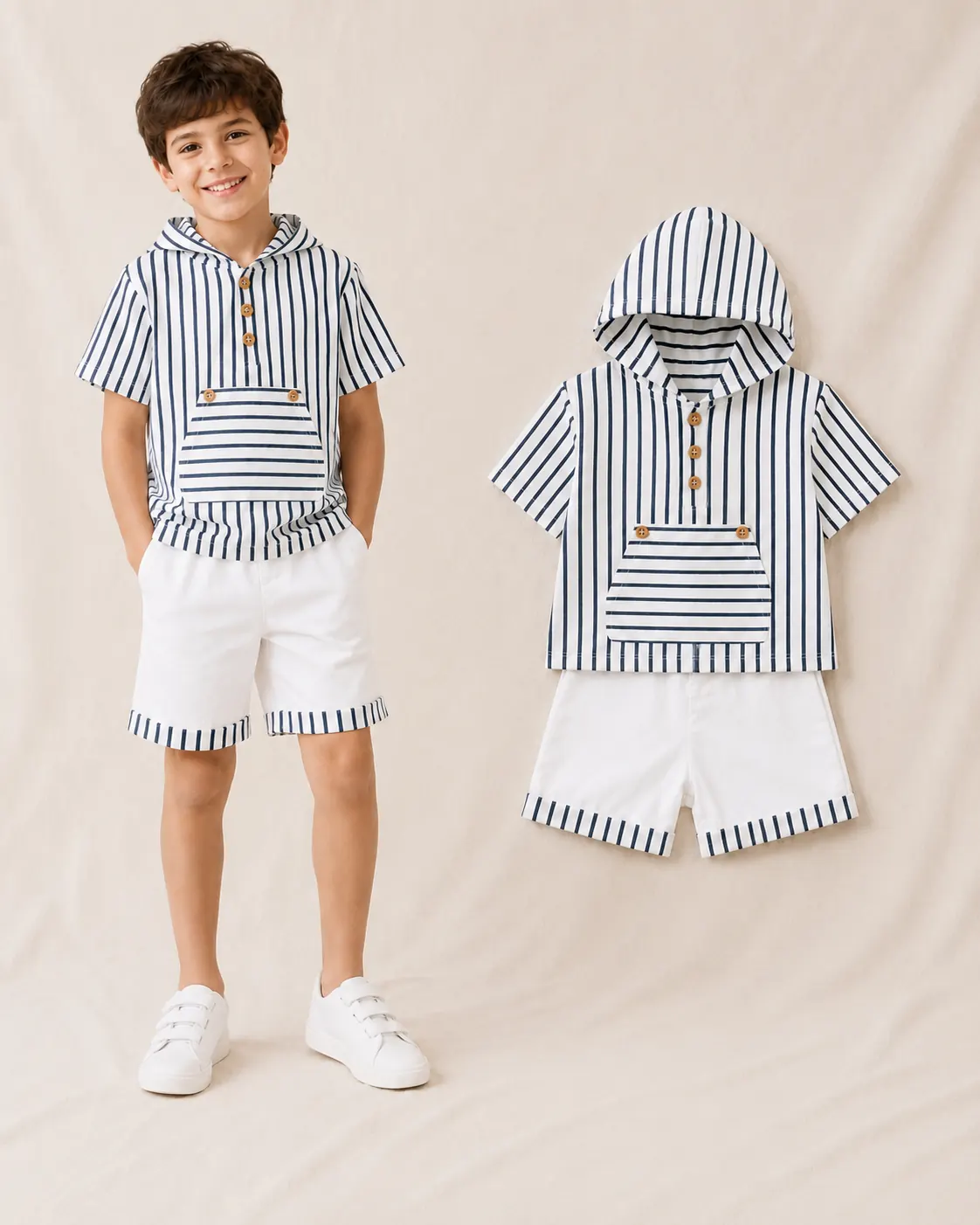 Conjunto infantil tela rayas azul marino y blanco para niño confeccionado artesanalmente